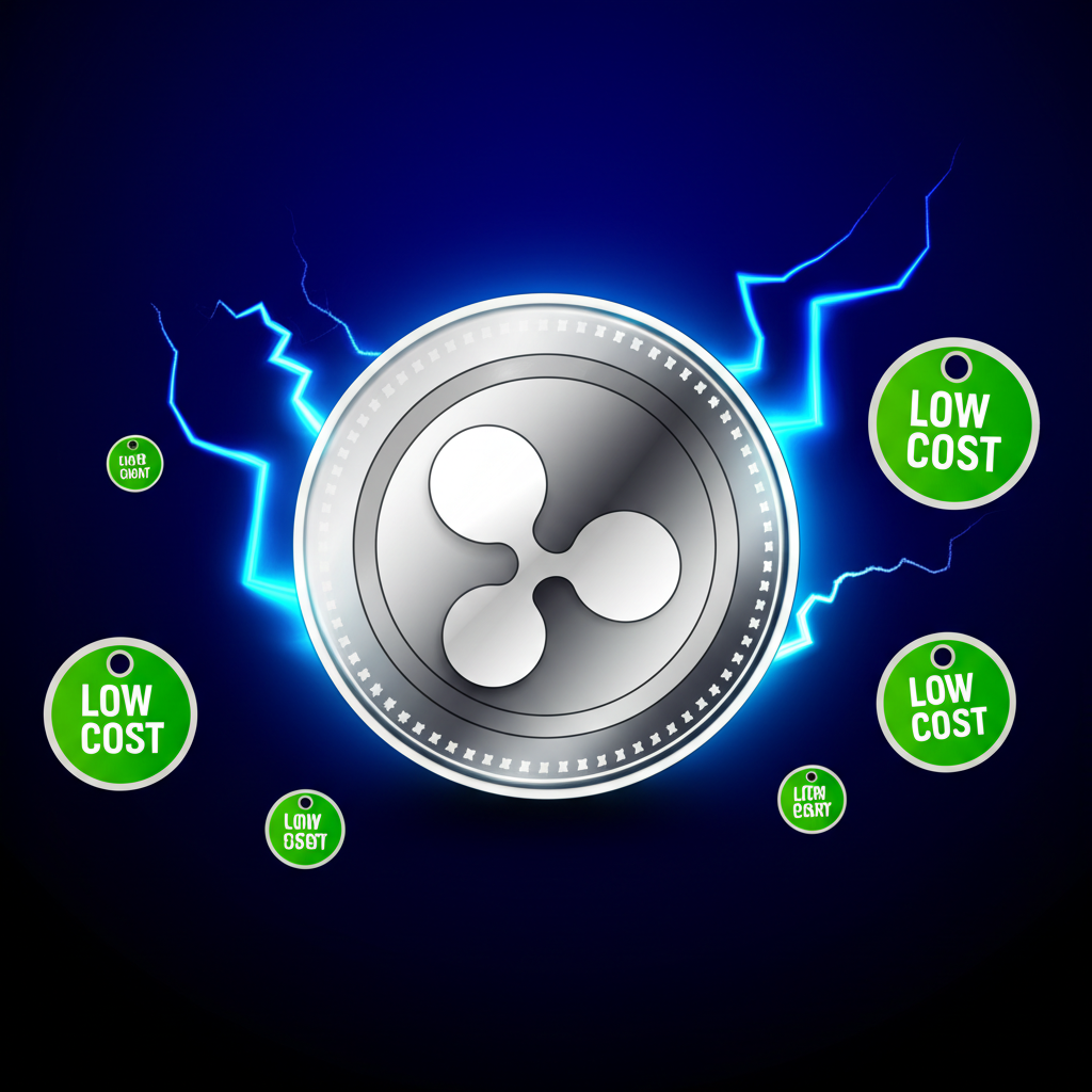 XRP代幣搭配閃電符號與低成本標誌,象徵快速、低手續費、高可擴展性與國際支付橋接貨幣的特性