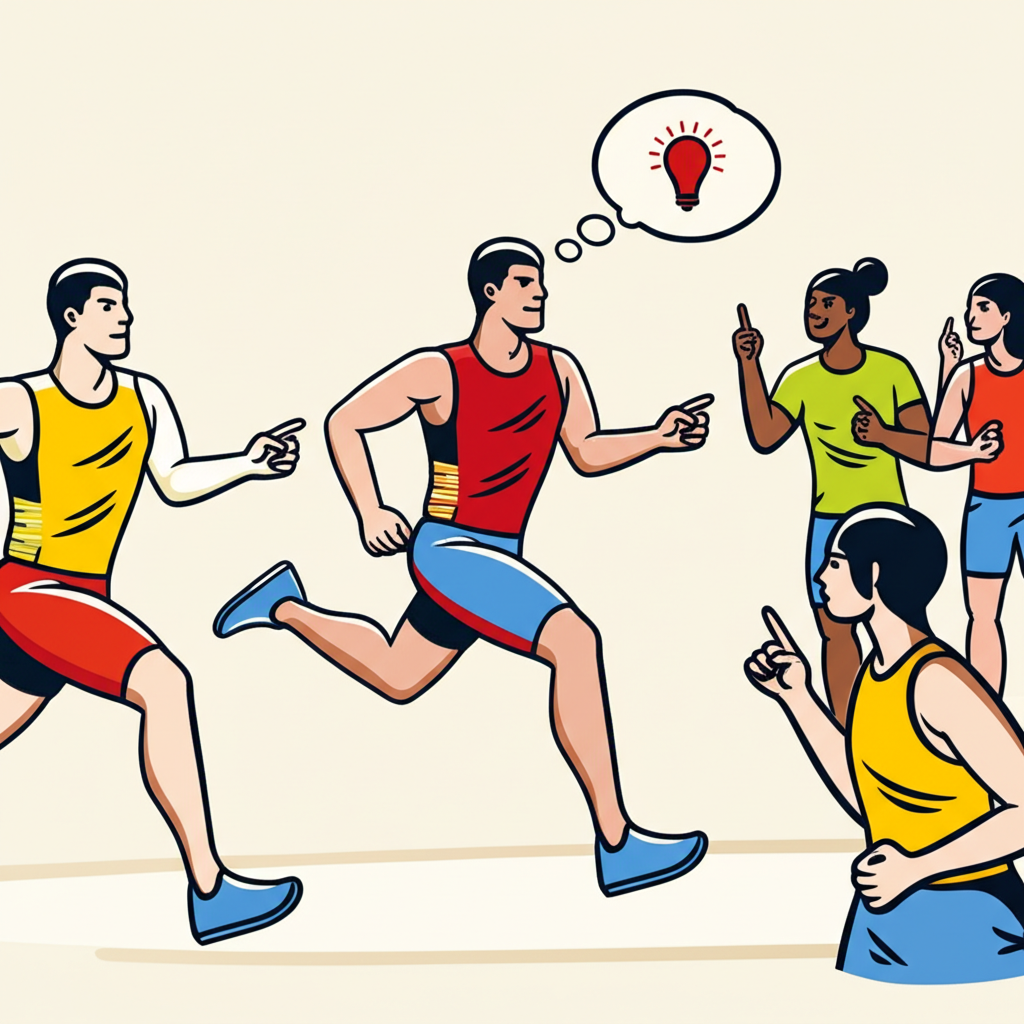 Illustration showing a person gaining advantage in competition, a widely accepted idea in thought bubble, and successful persuasion with dynamic positive energy