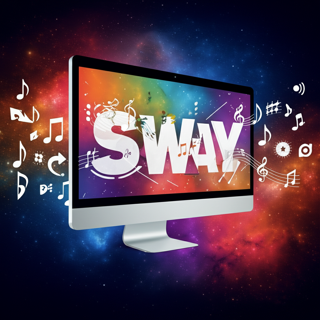 illustration of the word sway transforming into various symbols representing physical swaying influence a computer screen and musical notes in a vibrant multi-universe style