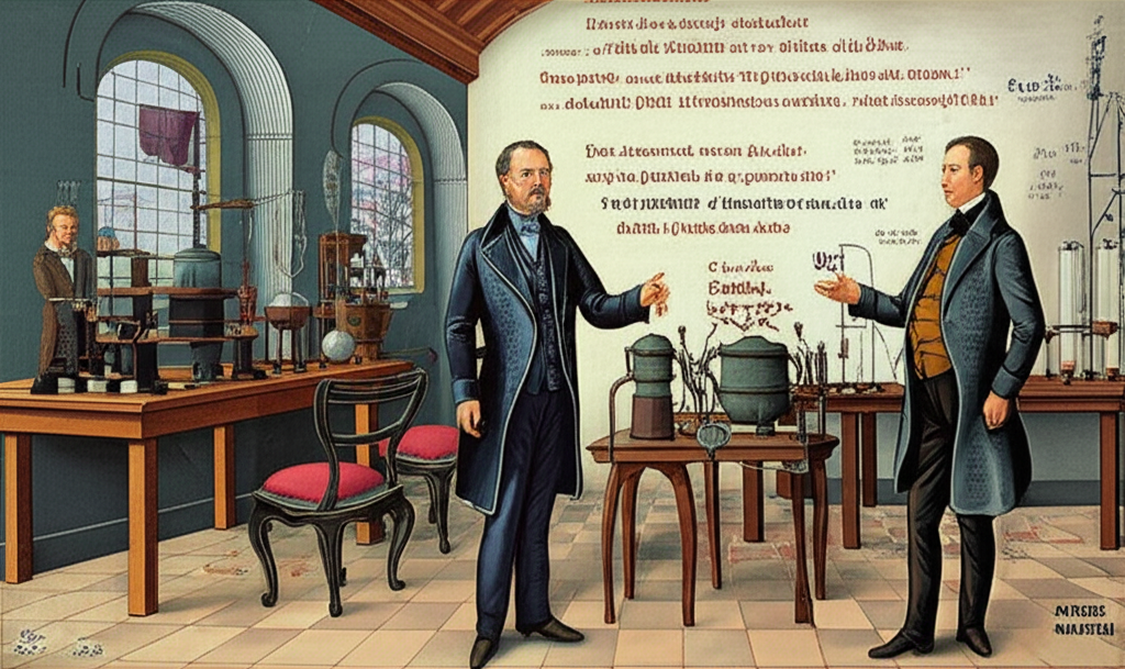 歷史科學家焦耳邁爾赫姆霍茲在實驗室插圖,展示熱功等值實驗與能量守恆理論制定