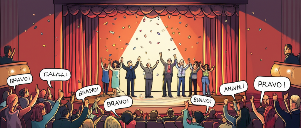 vibrant theater stage with audience cheering Bravo in various languages