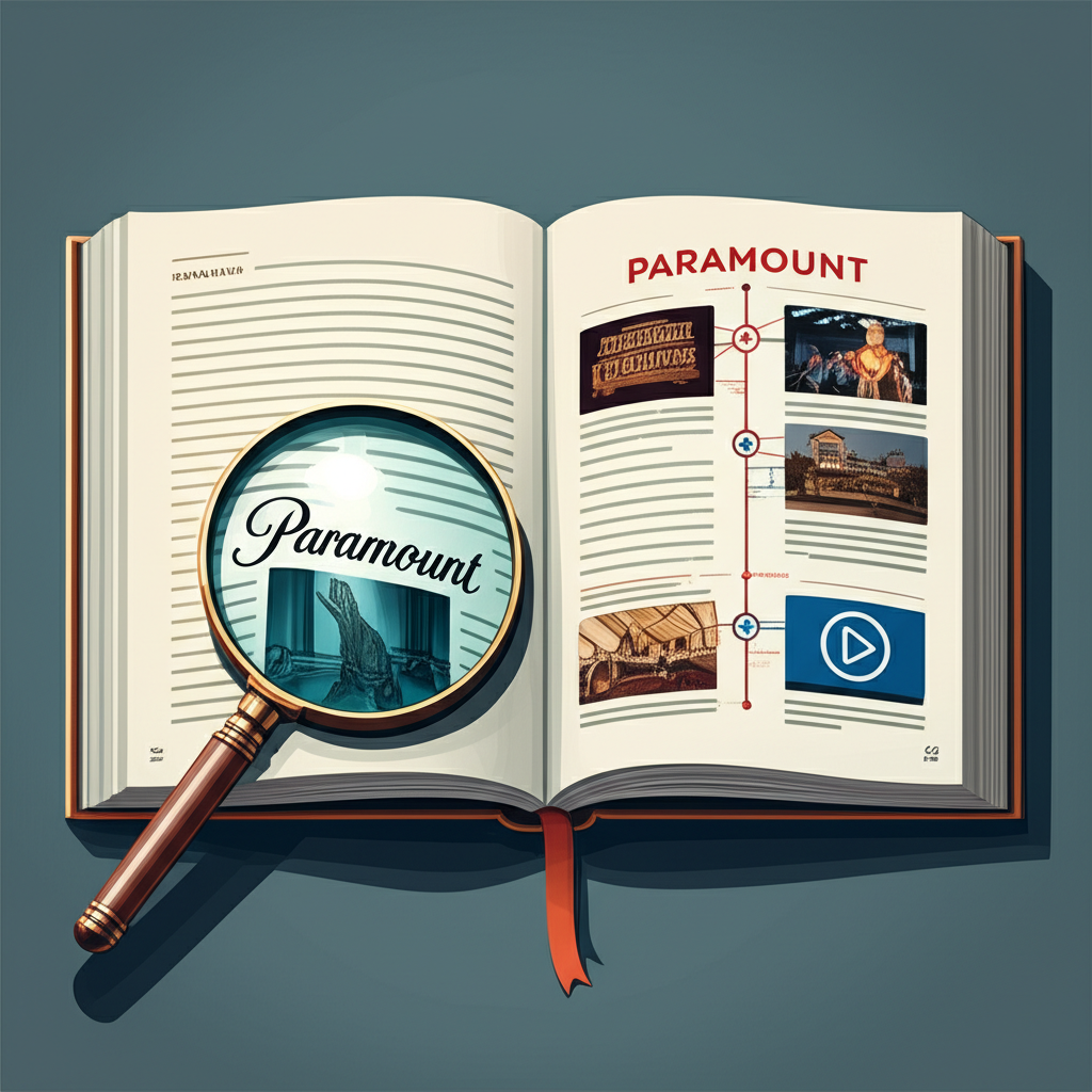 插畫風格,一本綜合指南書打開,放大鏡聚焦在單字paramount的解構上,另一页展示派拉蒙影業的歷史時間軸,最終導向串流服務圖示