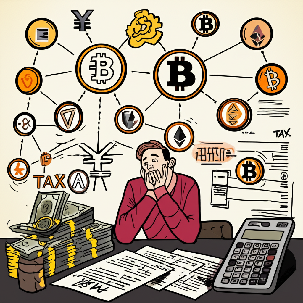 虛擬貨幣稅務複雜網絡插圖,顯示比特幣、以太坊符號與稅務表格交織,投資者困惑地看著金錢與稅務計算器