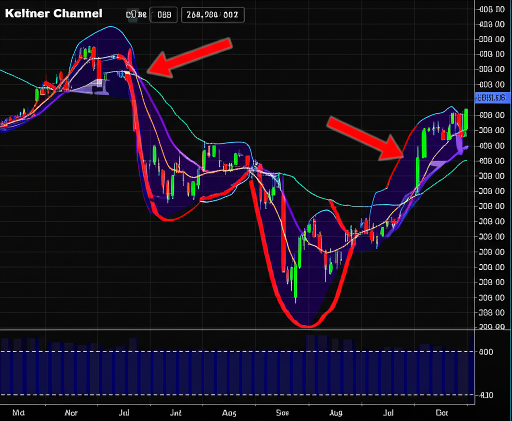 股票圖表上肯特納通道與布林通道結合,展示擠壓形態並標註潛在趨勢突破箭頭