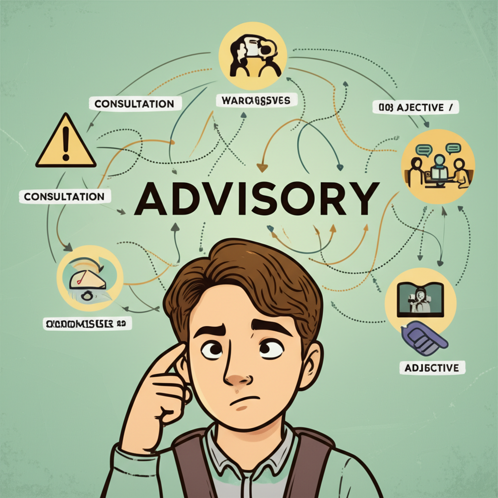 一名困惑的學生看著單字 advisory,周圍環繞著代表其不同含義的圖示:諮詢、警報、委員會與形容詞,交織成複雜的理解之網