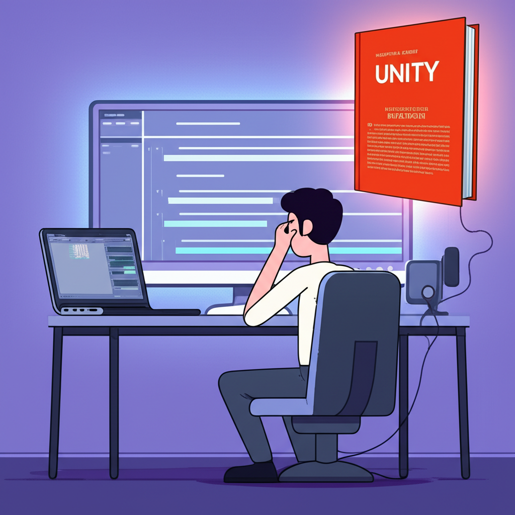 一名開發者面對螢幕上亂碼的 Unity 編輯器感到困擾,旁邊浮現一本發光的 Unity 中文開發指南
