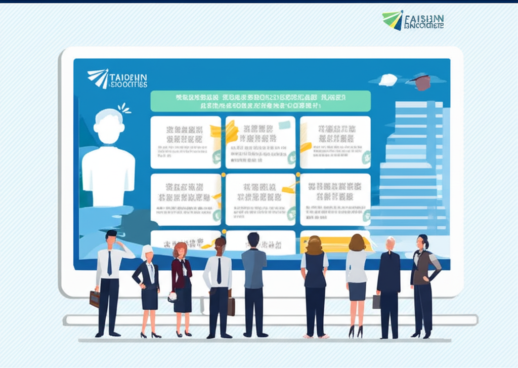 一群多元投資人注視大型螢幕,顯示台新證券官網提供的廣泛金融產品與服務,強調透過易於存取的產品資訊滿足不同投資需求,包括即時股票圖表與市場數據,代表便捷的台股交易涵蓋上市股票與ETF