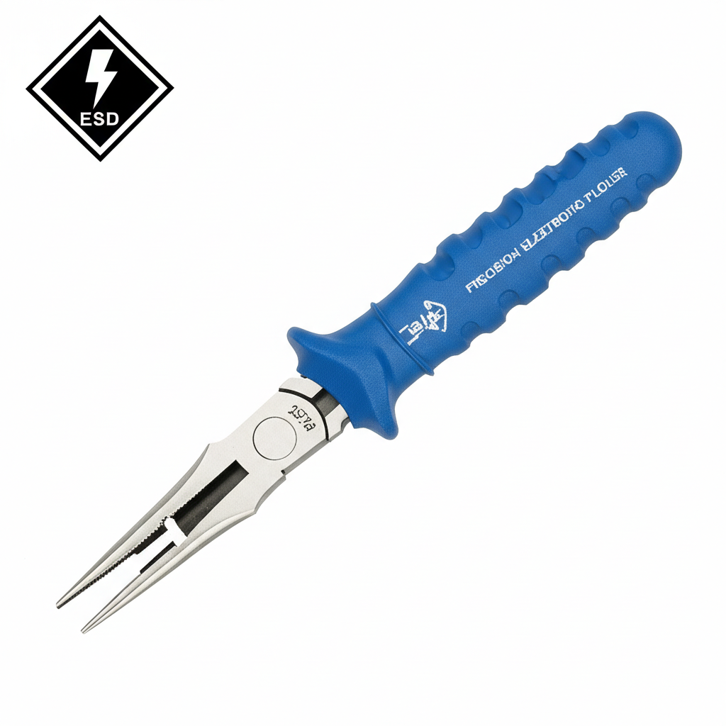 an illustration highlighting the ergonomic design of a 25278 precision electronic pliers with a comfortable grip and a small high precision jaw capable of fine work showing an ESD safe symbol