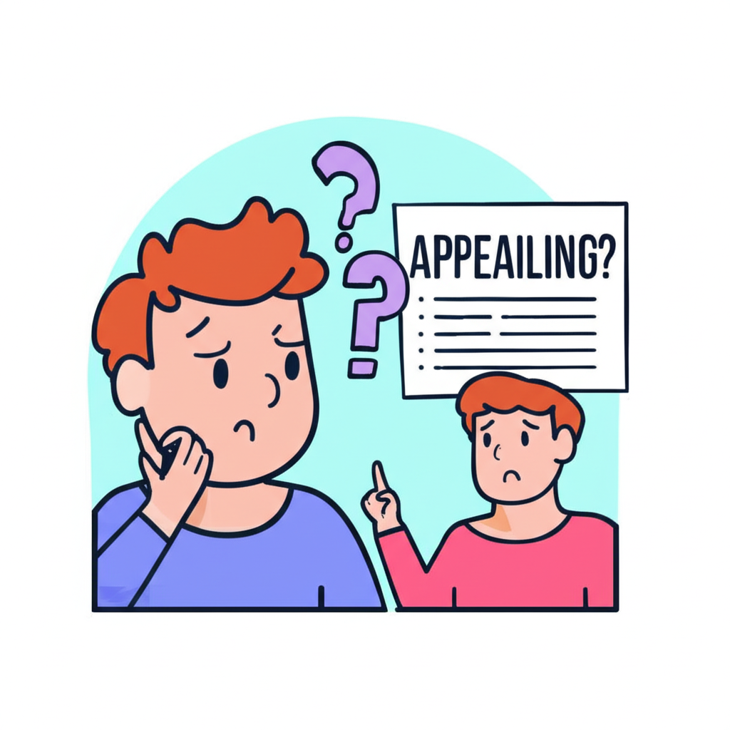 一個人困惑地看著螢幕上的單字 appealing,周圍充滿問號,另一人正指向清晰的雙重語意解釋