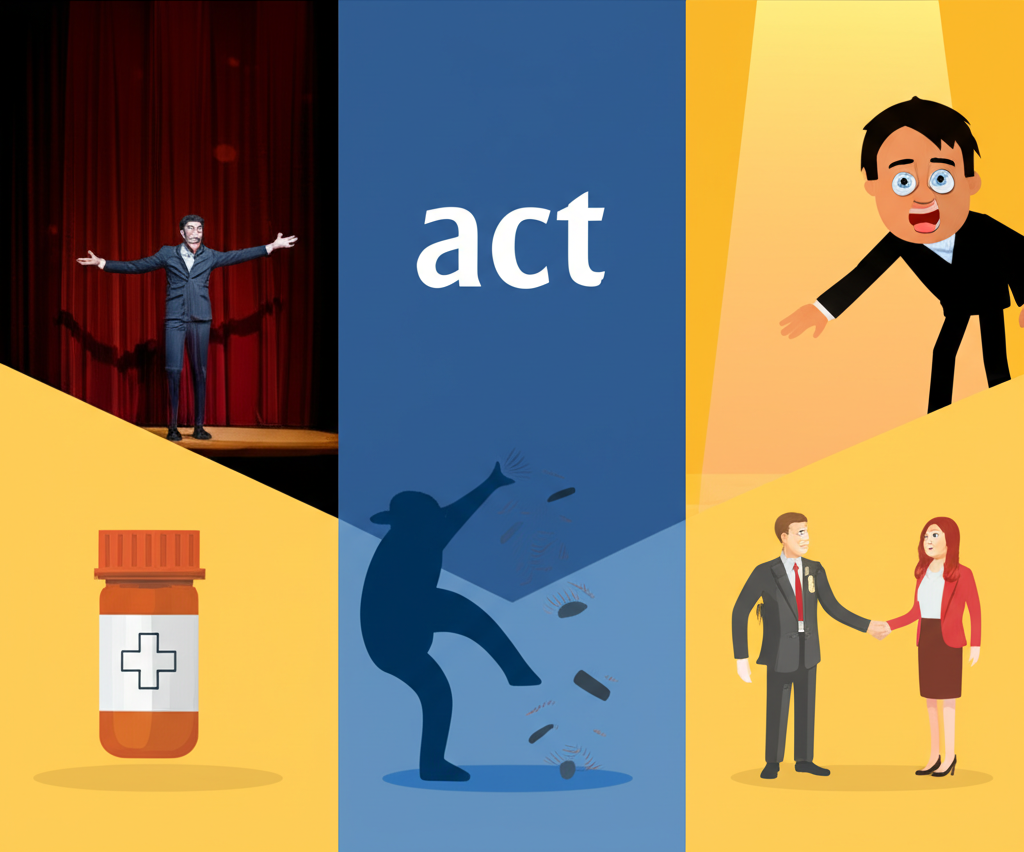 Illustration showing five scenes depicting core meanings of the verb act: acting on stage, taking action, pretending, medicine effecting, and representing a client