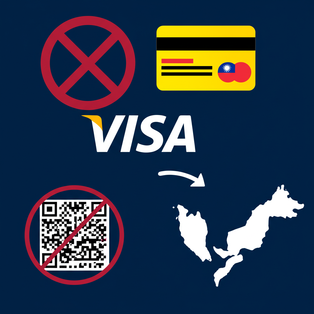 三種支付方式圖示:QR Code被劃掉、Visa卡發光,以及連接兩國的匯款符號,代表馬來西亞旅客在台灣的選項