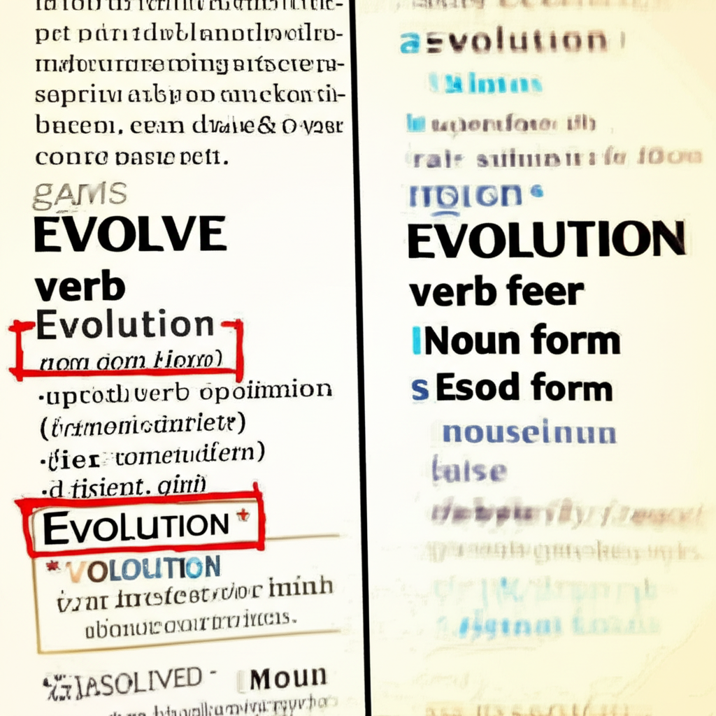 Evolve 與 Evolution 的詞性對照圖,展示動詞與名詞的語法關係