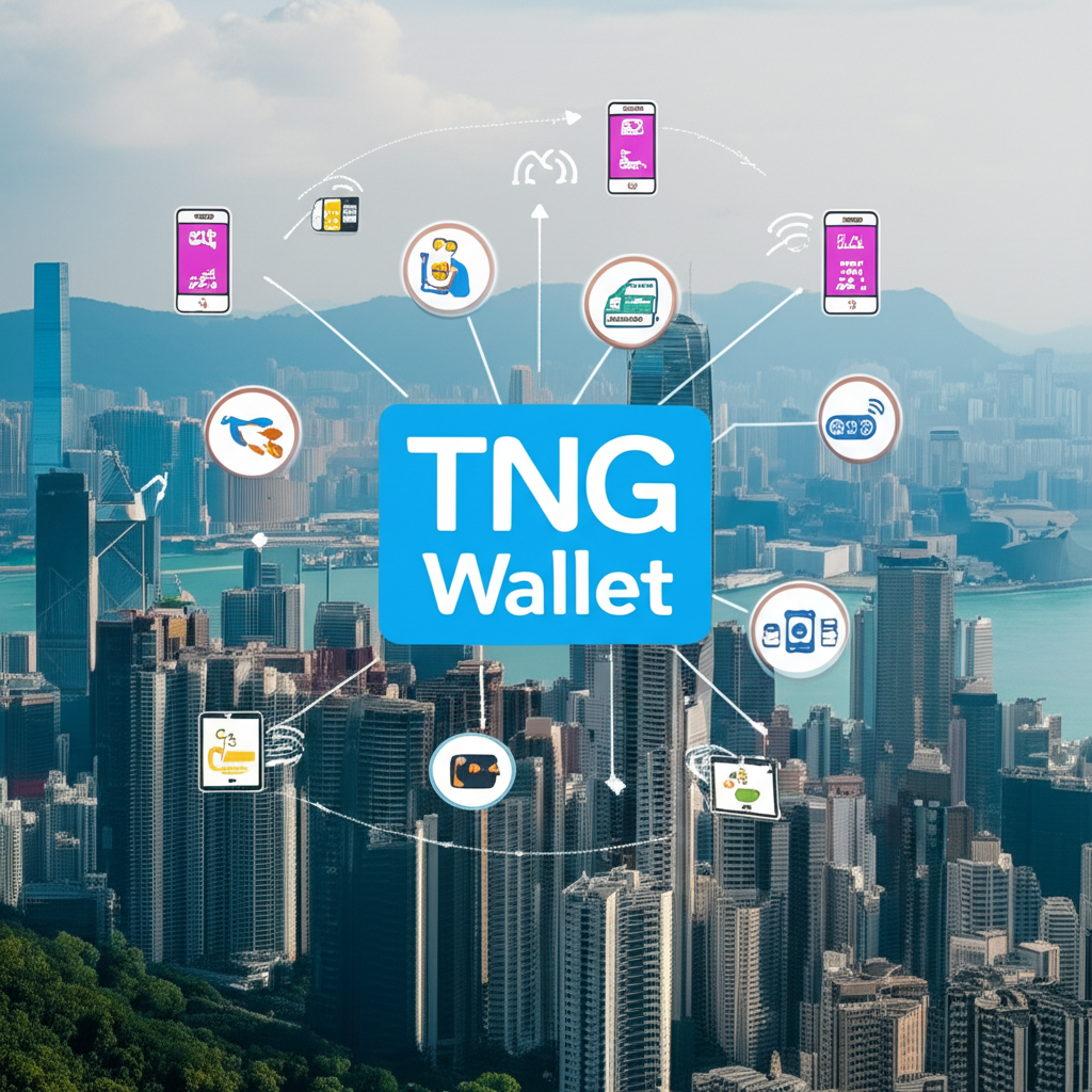 香港現代城市天際線與TNG Wallet標誌,環繞行動支付、資金轉移及帳單繳納圖標,象徵無現金社會