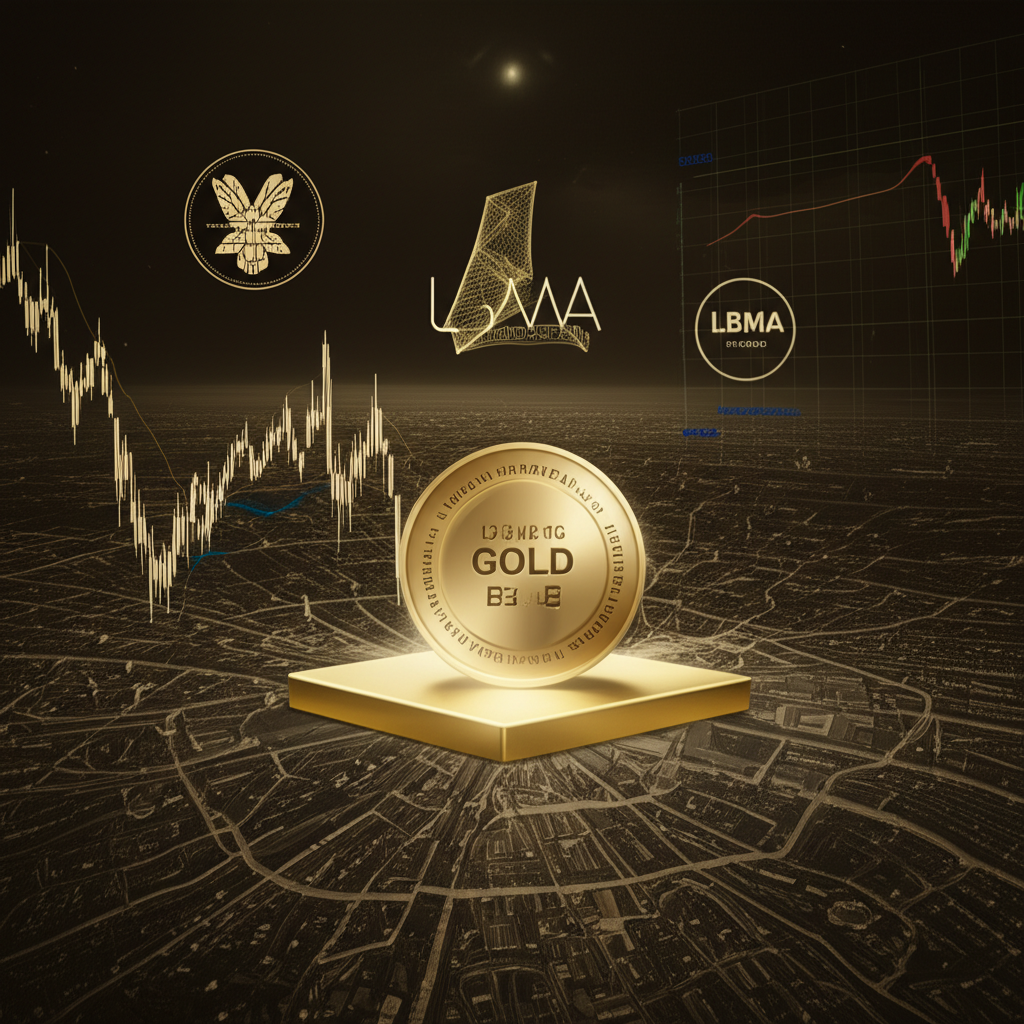 An illustration of a digital gold contract floating above a map of London with historical gold trading symbols and a modern financial chart representing non physical gold transactions