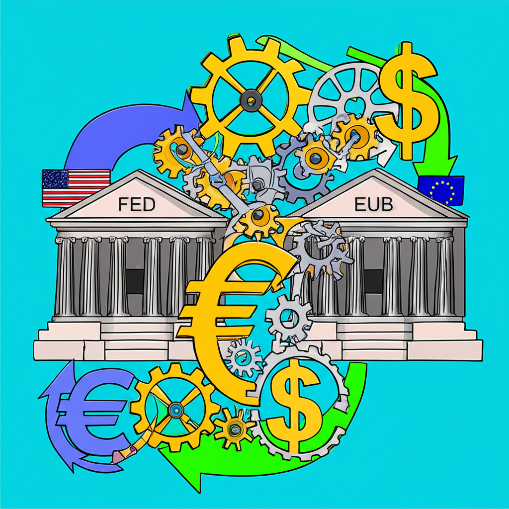 美聯儲與歐洲央行貨幣政策差異的插圖，顯示利率差異及資本流動影響歐元美元平衡