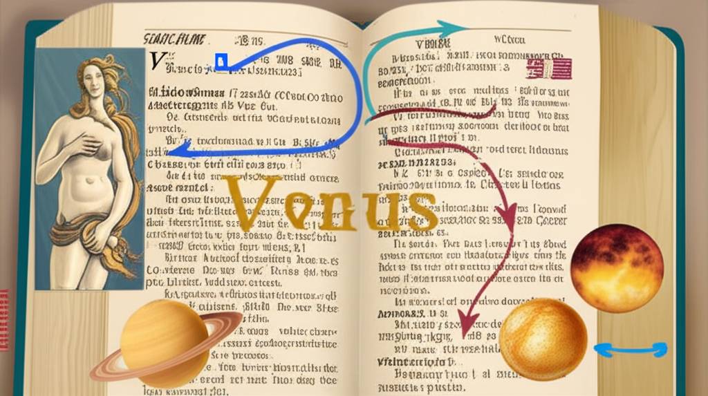 字典中Venus一詞分岔出女神與行星兩條路徑的插畫,說明其中文雙重譯義
