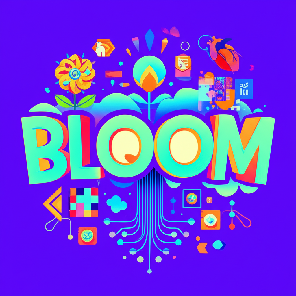 An illustration of the word bloom blossoming into various concepts like a flower, a human heart, a growing business, and digital art symbols representing its diverse meanings in a vibrant and lively style