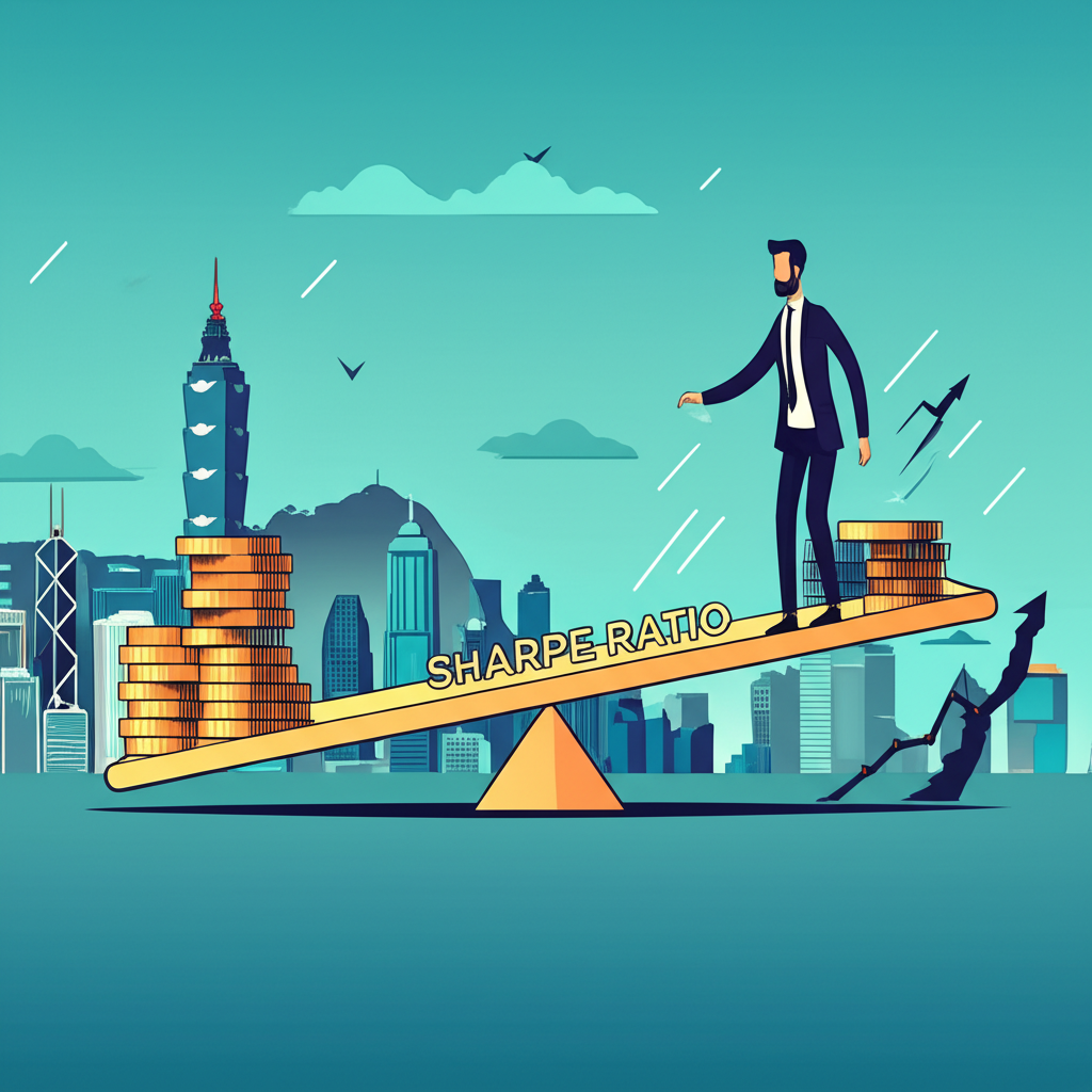 An illustration of a person balancing high returns and risks on a seesaw with a golden Sharpe Ratio scale in the middle symbolizing smart investment decisions and high value investing in Taiwan and Hong Kong markets