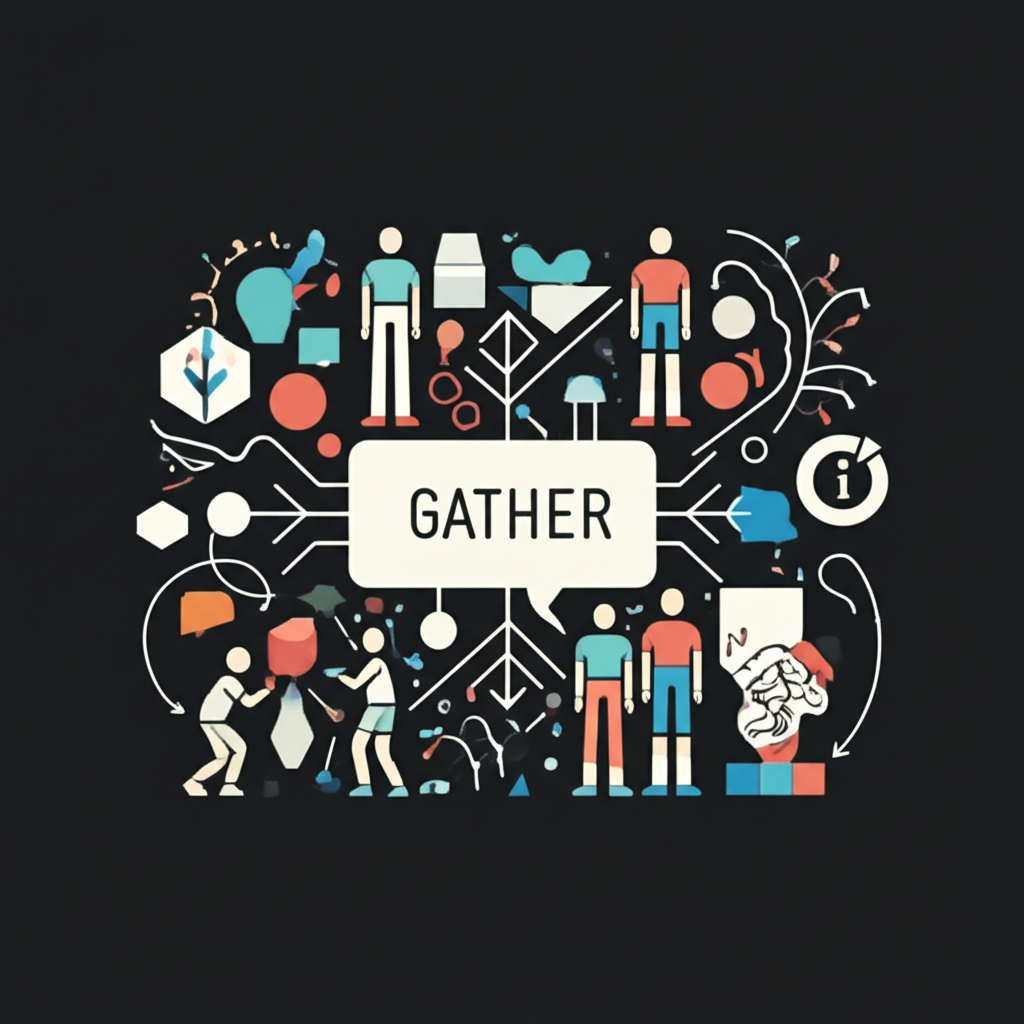 插圖:中央是一個標有 gather 的概念氣泡,箭頭指向四散的物件、人群與抽象想法,象徵各種元素和諧地匯聚在一起