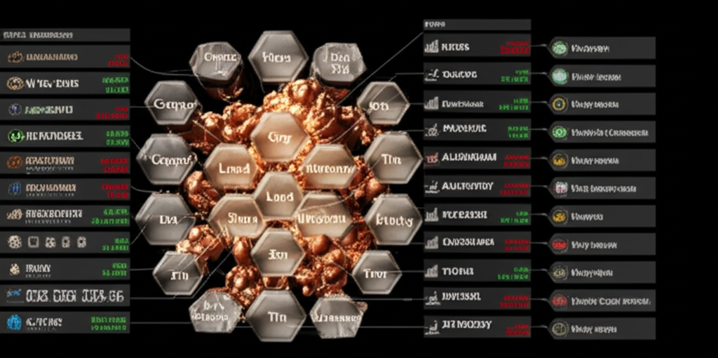 充滿活力的生態系統插圖,展示銅、鋁、鉛、鋅、鎳、錫、銻等有色金屬作為互聯元素,周圍環繞即時價格、歷史數據、深度分析報告、每日新聞和專家評論等豐富內容