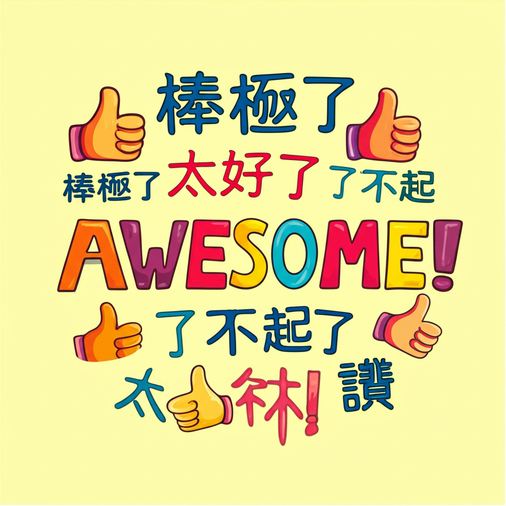 正面中文詞彙如棒極了、太好了、了不起、讚環繞著awesome一詞,動感排列表達強烈讚許,以明亮快樂的色彩呈現