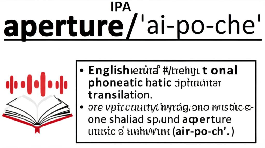 Aperture 單字的插圖,包含 IPA 發音以中文 ai-po-che 表示,旁邊有字典條目顯示為名詞,伴隨著打開的書本和抽象聲波