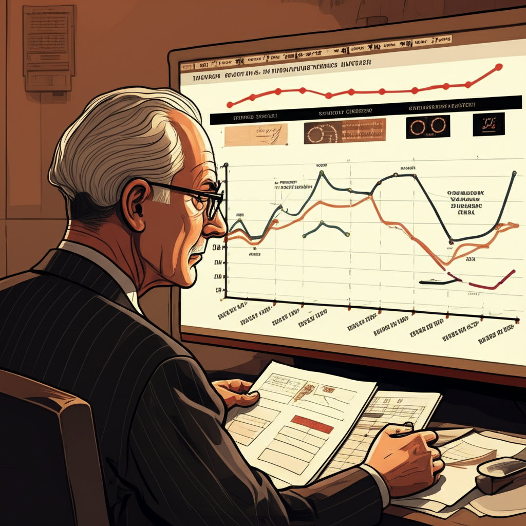 An illustration of economist George Katona from the 1940s observing a chart showing consumer attitudes influencing economic activity with a timeline depicting decades of UMCSI development as a leading indicator