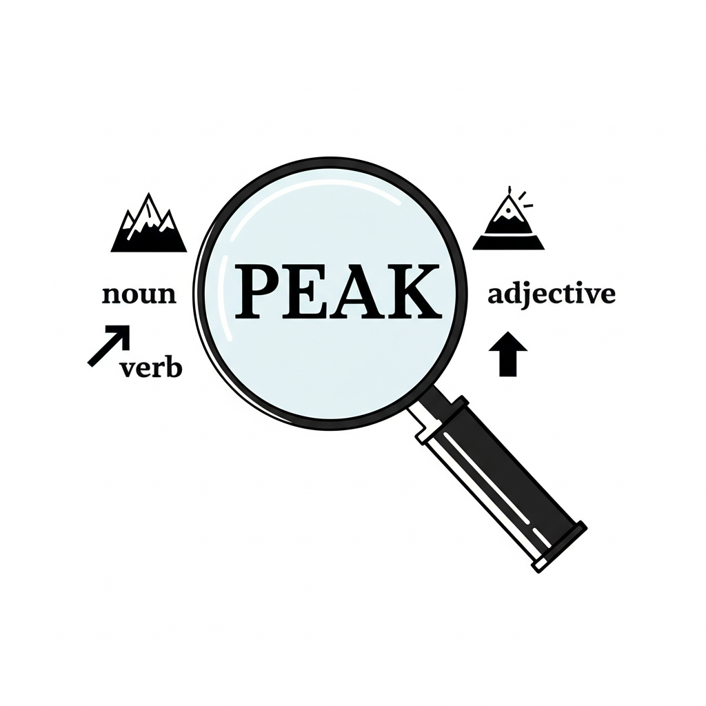 放大鏡檢視「PEAK」一詞,揭示其作為名詞、動詞和形容詞的多重含義,伴隨山峰、上箭頭和高點圖示,風格簡潔