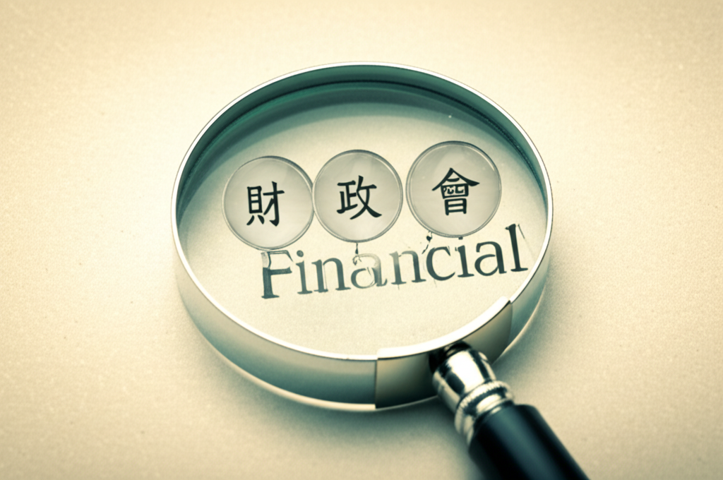 放大鏡突出Financial一詞,周圍三個氣泡顯示金融、財政和財務的中文字符,展現精準與清晰