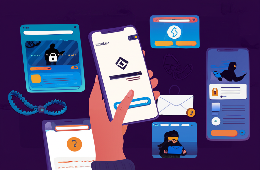用戶安全使用 imToken 錢包,周圍潛伏數位陷阱與詐騙圖示
