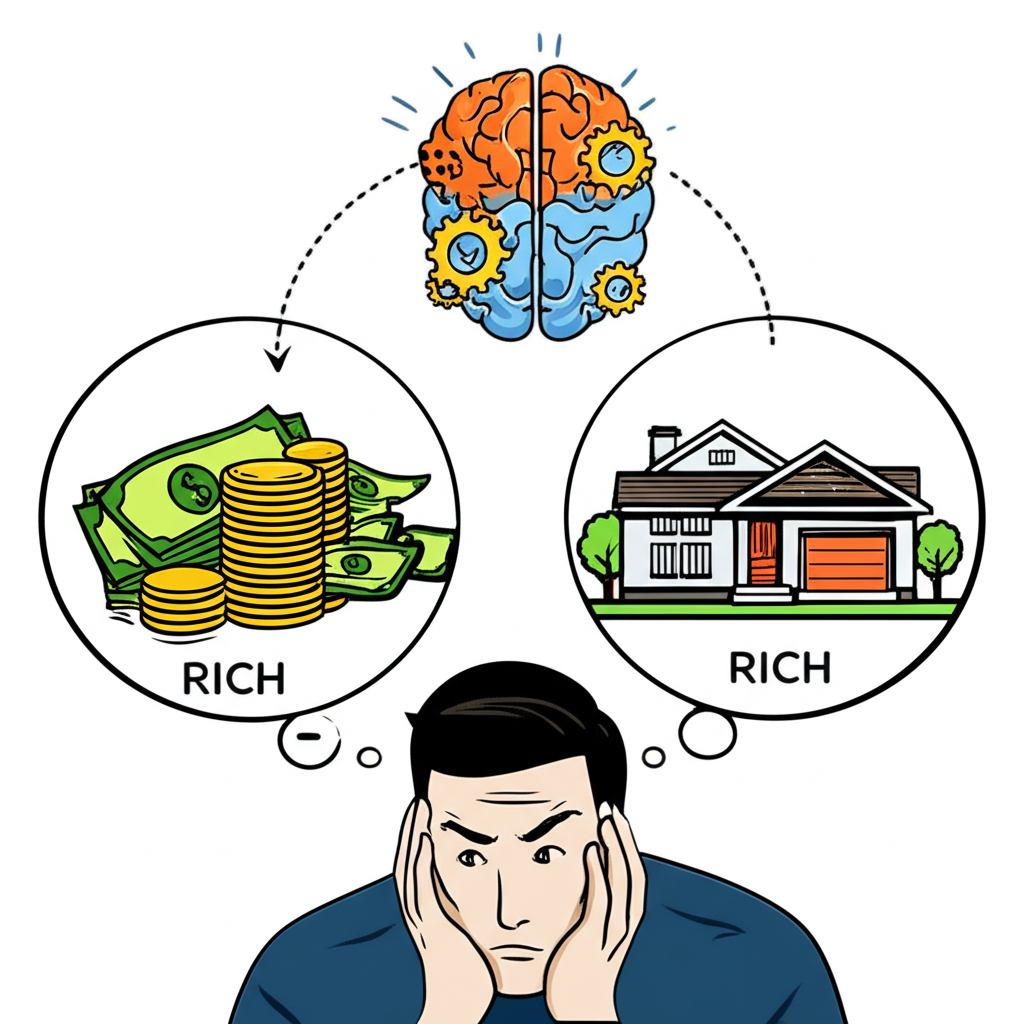人對wealthy和rich混淆的插圖,顯示金錢、資產和財富哲學理解路徑