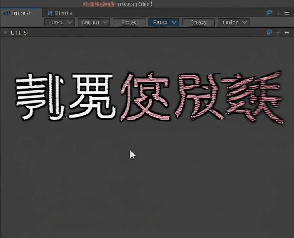 Unity 的 UI Text 元件從顯示亂碼的中文轉變為清晰可讀的文字,背景有正確字型與 UTF-8 編碼符號