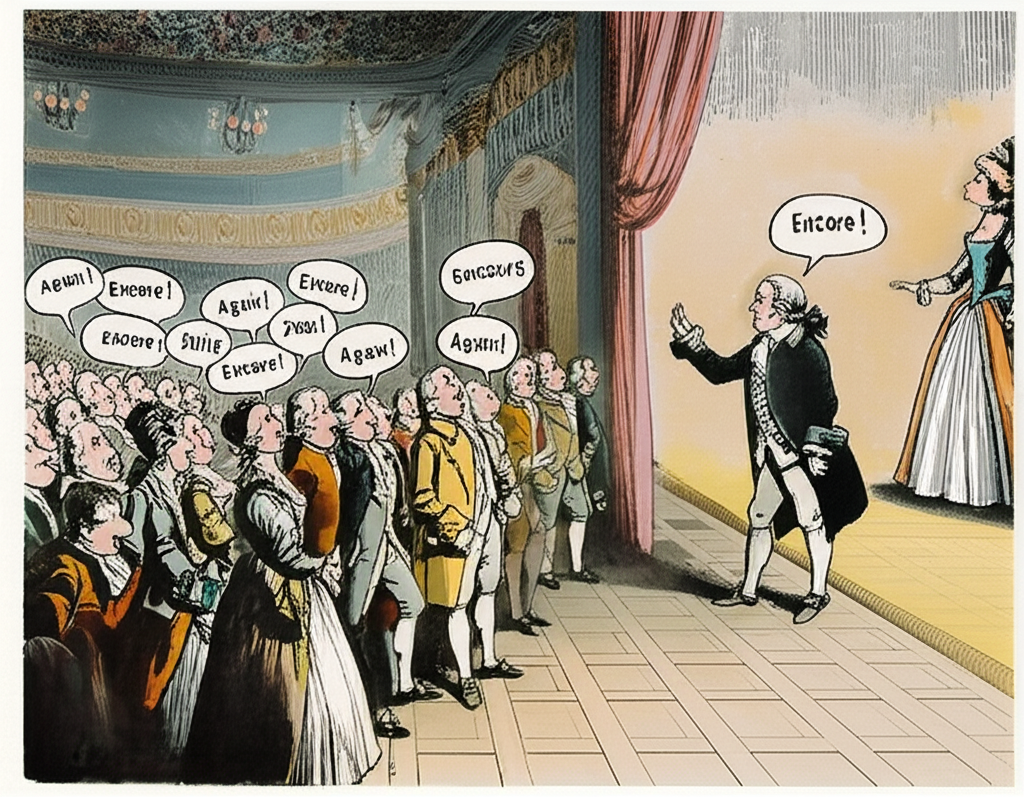 An illustration depicting a historical scene in an 18th-century European theater where elegantly dressed British audiences are enthusiastically shouting Encore towards a stage with a performer emphasizing the French origin of the word meaning again or still