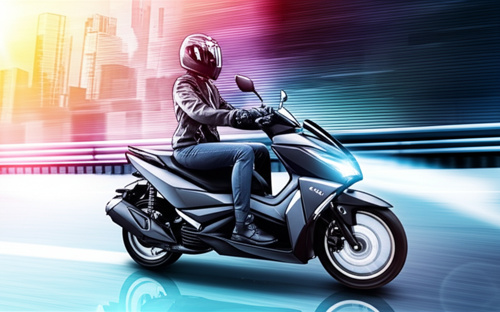 An illustration of a sleek futuristic Yamaha Augur 155 scooter with intelligent headlights and smart technology riding on a dynamic city street reflecting innovation and advanced design in a vibrant and engaging style