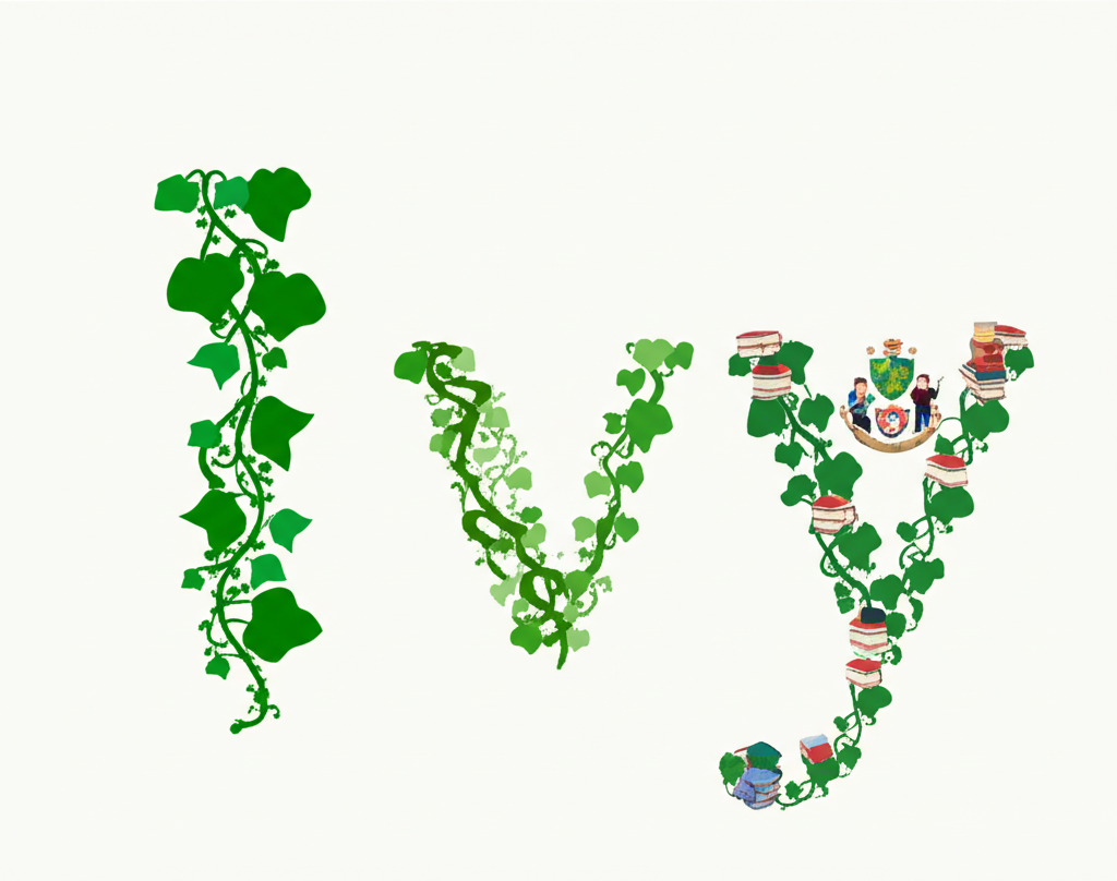 illustration of the word Ivy transforming from a green vine into a girl's name and then into a university emblem surrounded by books and students