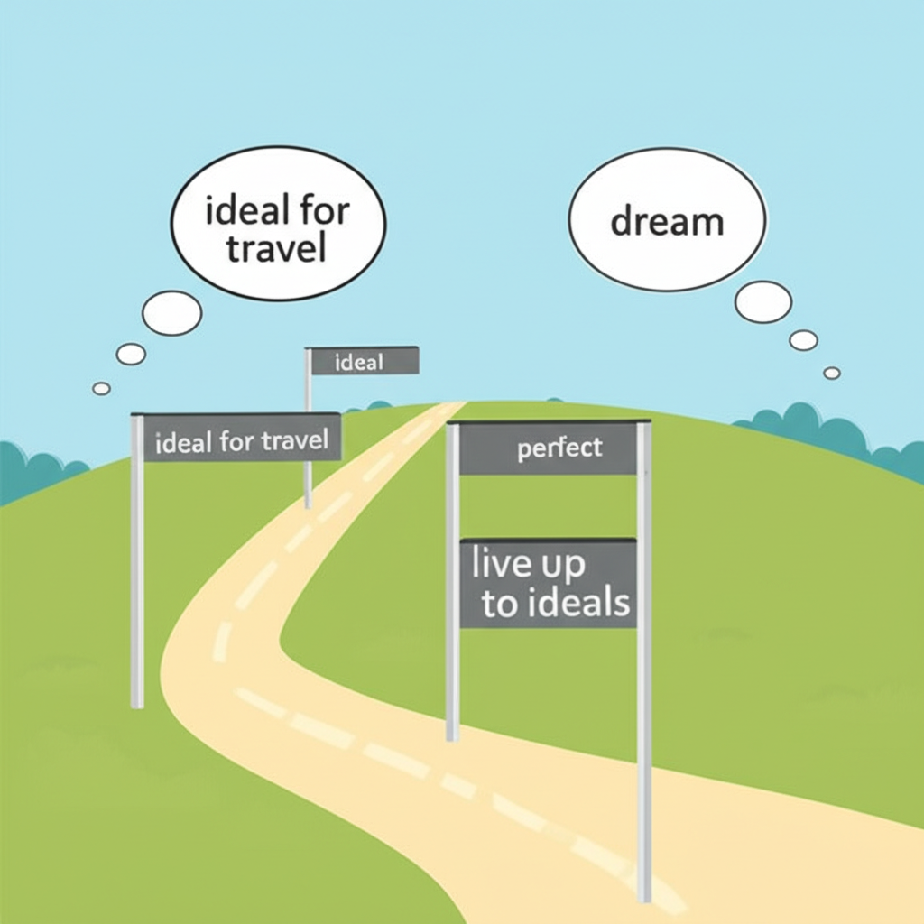 Ideal 用法路徑圖,標示如理想旅行與實踐理想的片語,並比較 ideal、perfect 與 dream