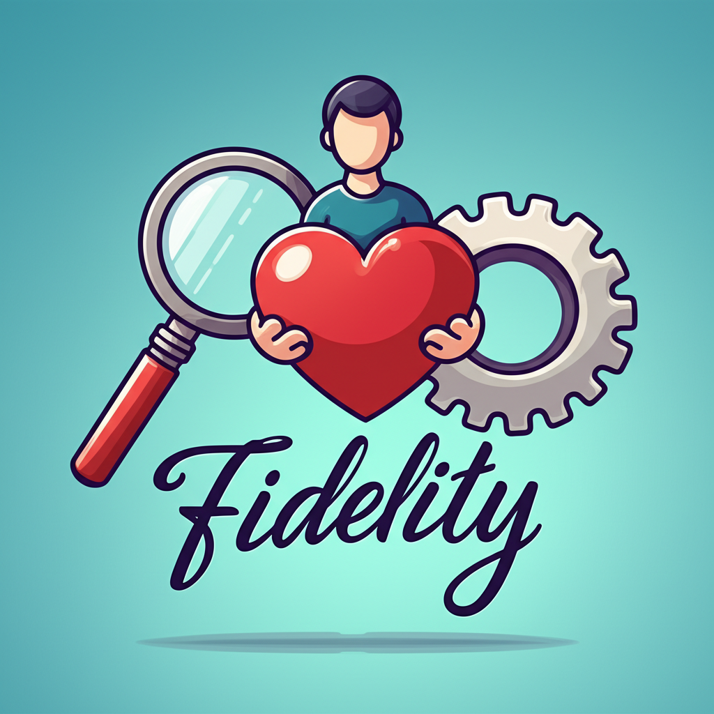 An illustration showing different facets of fidelity a person holding a heart for loyalty a magnifying glass for precision a gear for technology applications all intertwined with the word fidelity