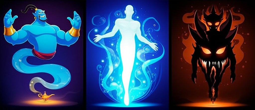三個不同形象的 Genie 代表其翻譯:經典藍色燈精靈、強大虛幻神靈,以及神秘魔神般的存在,突顯其超自然力量
