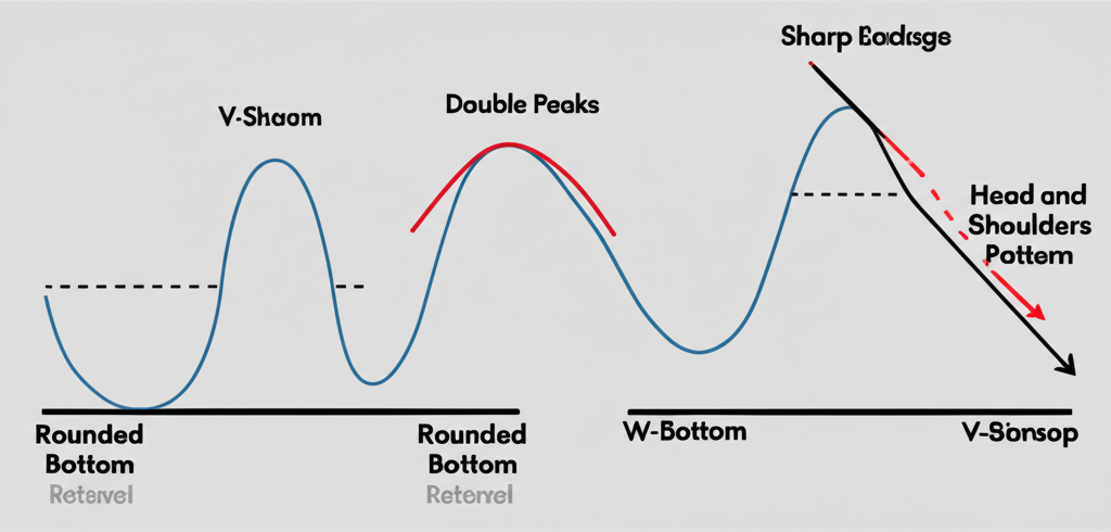 illustration comparing stock chart patterns: smooth long-term rounded bottom vs sharp V-shape, double peaks W-bottom, and head-shoulders, emphasizing gradual solid reversal
