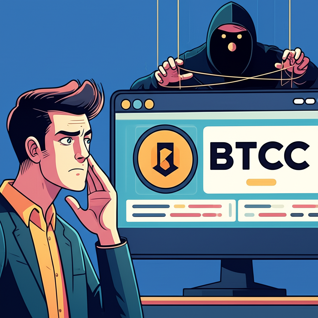 困惑投資者面對假冒BTCC加密交易所網站的插圖,背景有陰影人物操縱線索代表品牌冒用詐騙
