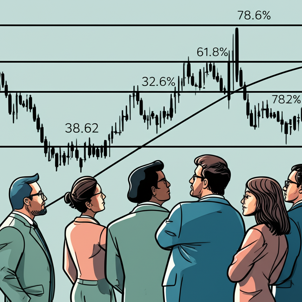 金融圖表顯示23.6%、38.2%、50%、61.8%和78.6%斐波那契回撤水平線,多樣交易者專注觀察這些線條