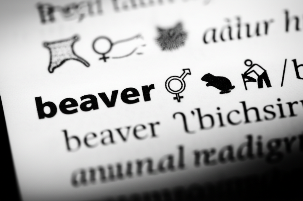 一本字典的頁面,上面寫著「beaver」一詞,周圍環繞著代表動物、毛皮、女性符號與勤奮工作的小圖示,突顯其多樣意義,以插畫風格呈現