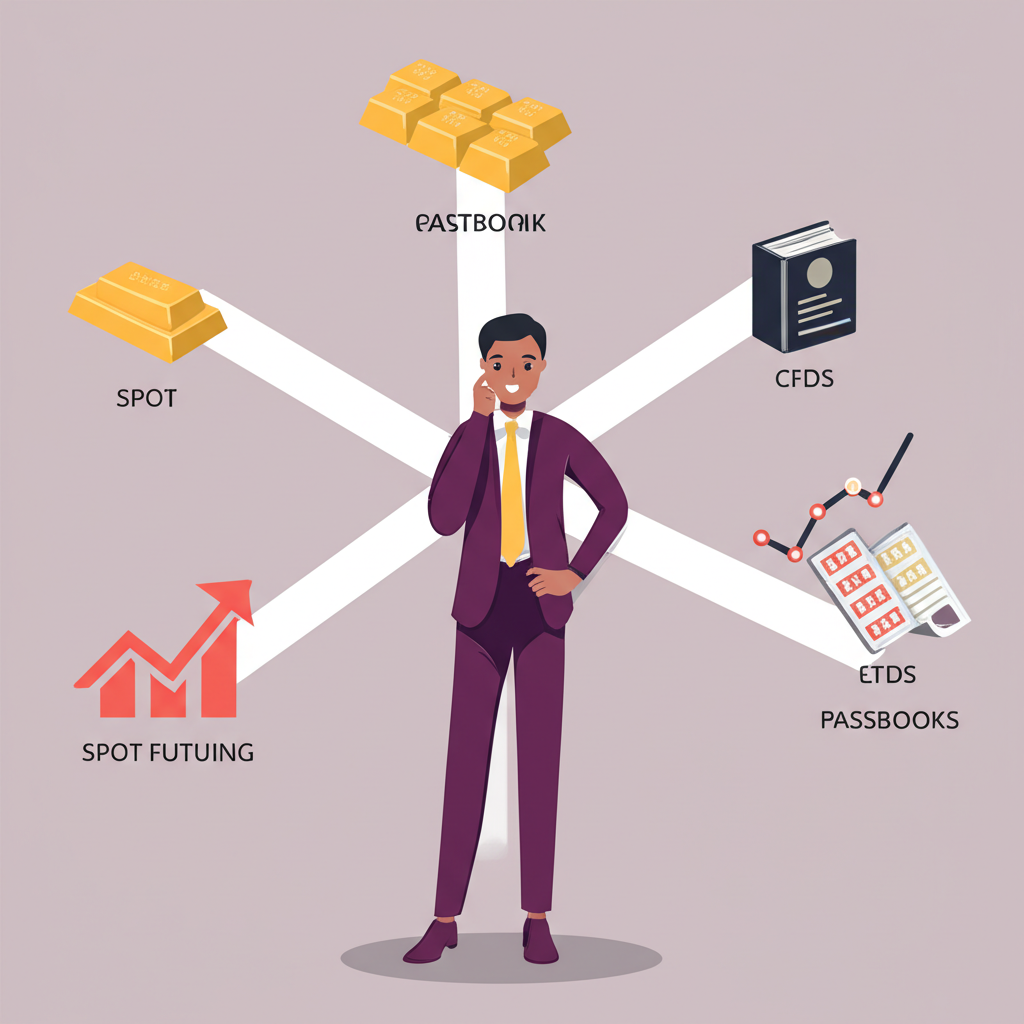An illustration comparing spot gold and gold futures trading On one side digital charts and 24-hour clocks represent spot gold On the other formal contracts and calendar dates symbolize gold futures