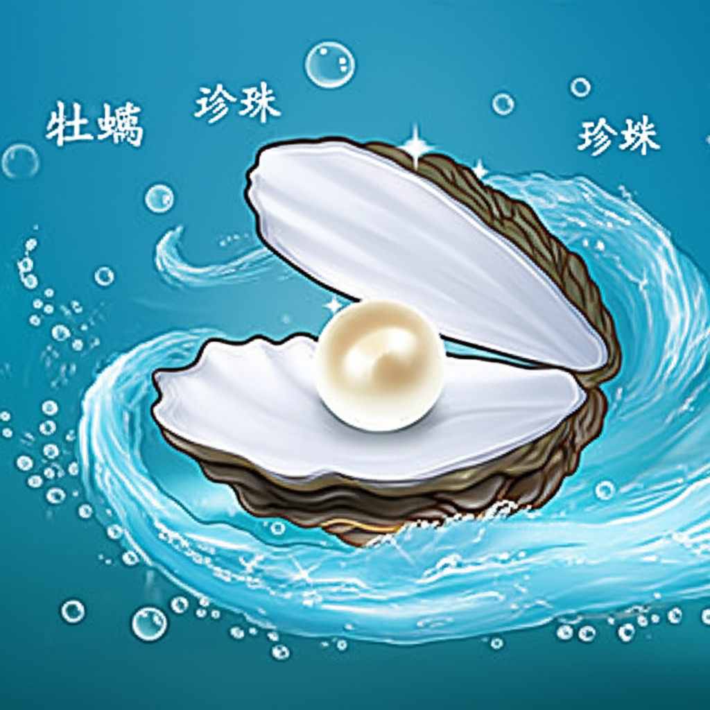 珍珠母貝中的閃亮珍珠,周圍漂浮著生蠔、牡蠣、蠔等中文譯名,呈現夢幻海洋風格插畫