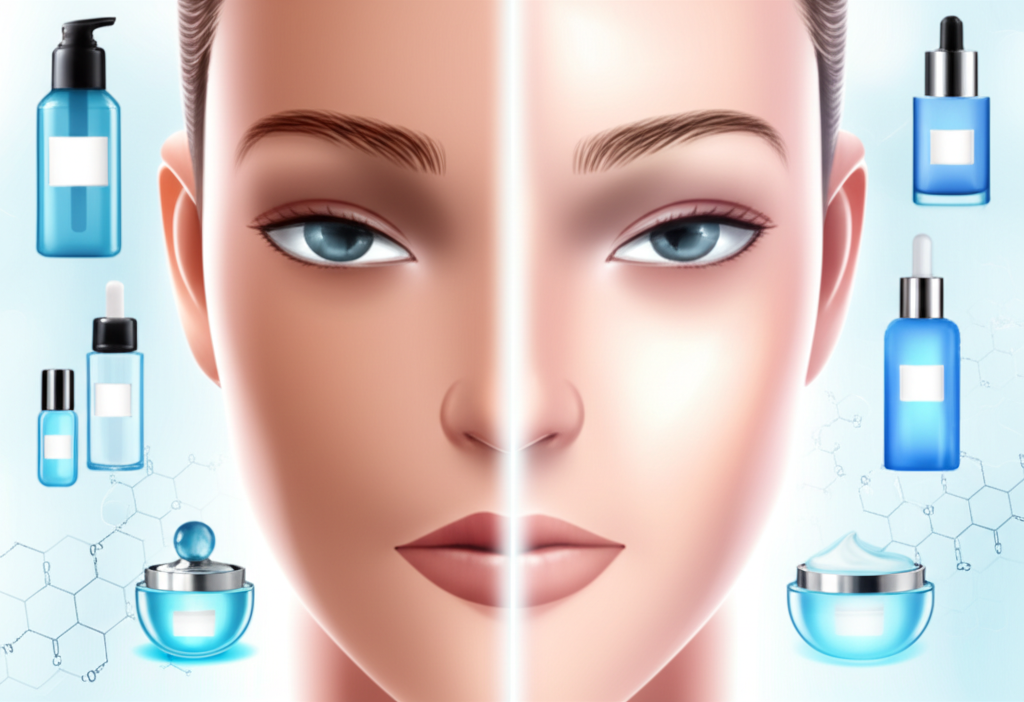 illustration of a glowing face with subtle lines transforming into smooth radiant skin surrounded by luxurious skincare products and scientific diagrams representing cellular renewal and anti-aging effects