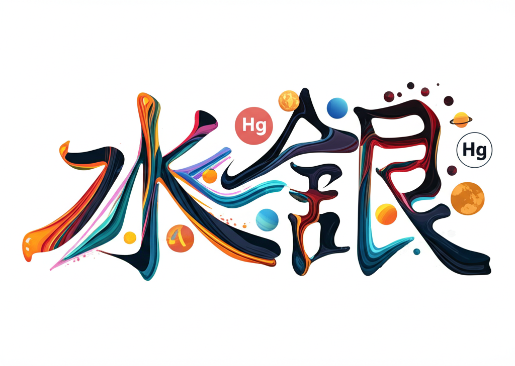 Mercury一詞的風格化插圖,展現其多重象徵,包括行星、化學符號、有翼神明和品牌標誌,反映在中文文化與科學中的多元含義