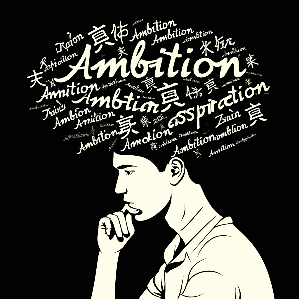 插圖:一個人站在複雜的「Ambition」一詞前,腦中浮現多層意義,周圍環繞著代表抱負、志向與野心的中文字符,象徵其多重含義