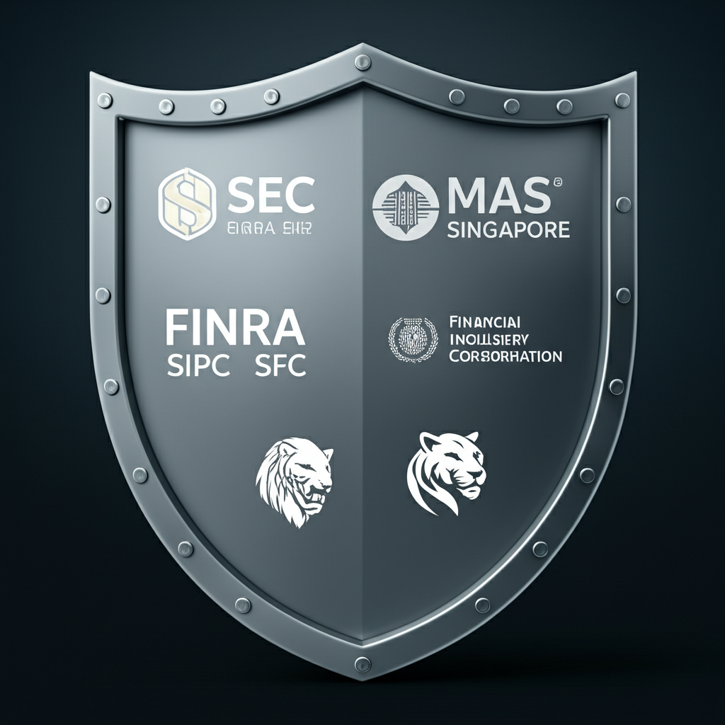 安全盾牌圖示,飾以SEC、FINRA、SIPC、SFC及MAS等全球金融監管機構標誌,代表老虎證券嚴格合規與投資人資金保護