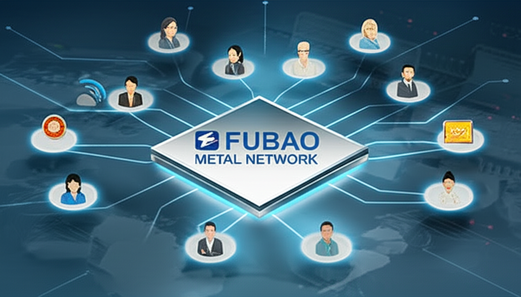 以富寶金屬網標誌為中心的強大數位平台插圖,向全球用戶發射即時、準確且專業的有色金屬市場數據、分析和行業新聞,代表行業專業人士的重要窗口