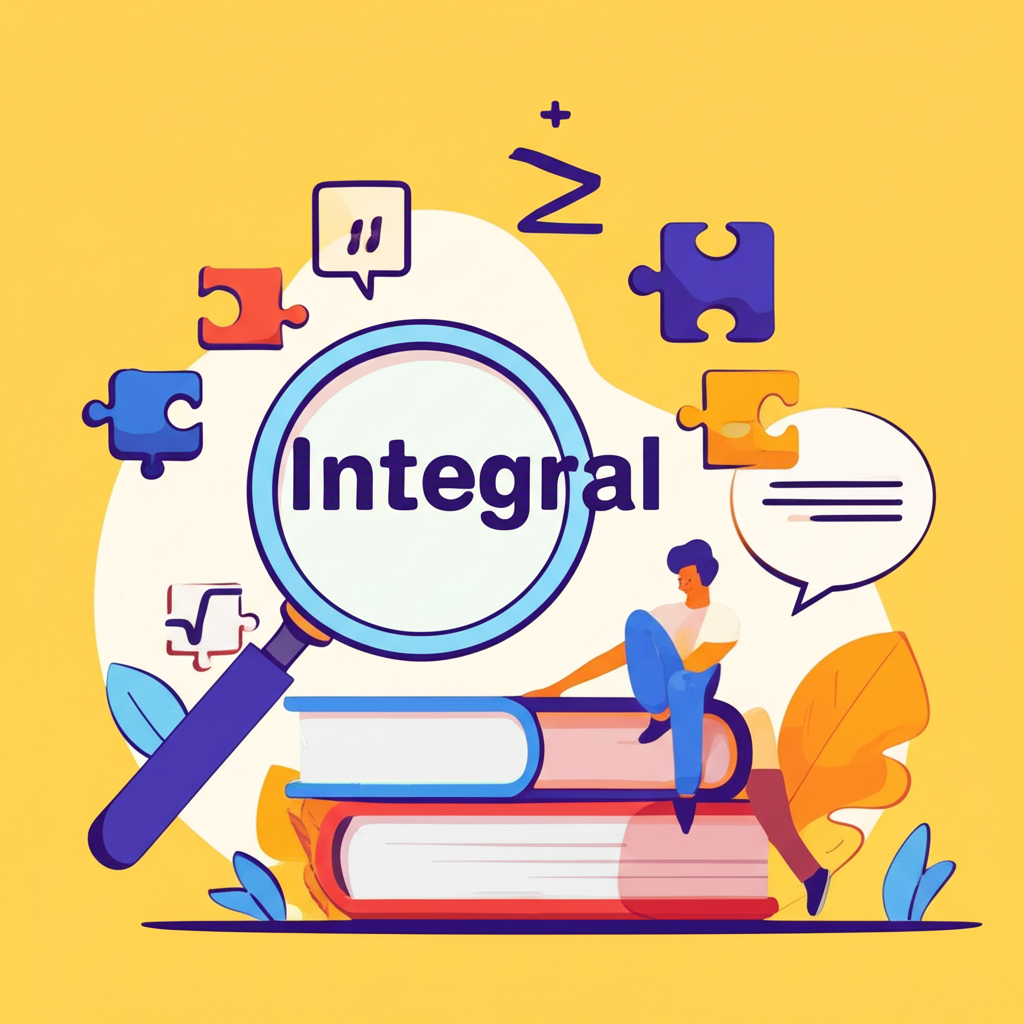 插圖:一個人拿著放大鏡學習英文,仔細觀察單字 integral,周圍環繞著代表不同意義的符號,如拼圖塊、數學符號與對話氣泡,展現多元語意的教育場景